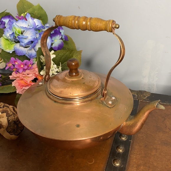 . Vintage Copper Tea Kettle Pot with Wood Handle - Picture 2 of 7